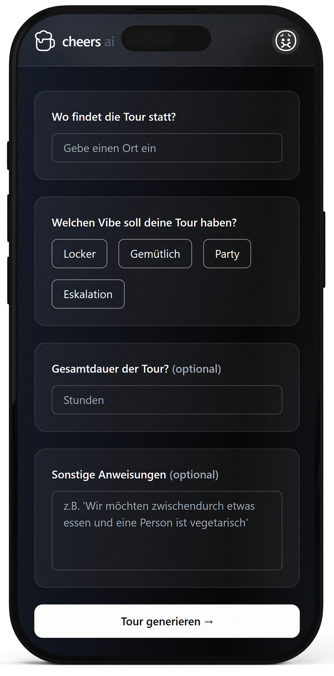 cheers App Vorschau » cheers Kneipentour-Planer. Der erste KI-gestützte Kneipentour-Planer! Plane deine
                        Kneipentour in Sekundenschnelle und lasse dich inspirieren. Egal welcher Vibe, egal welcher Ort. cheers ist an
                        allen Orten der Welt verfügbar.